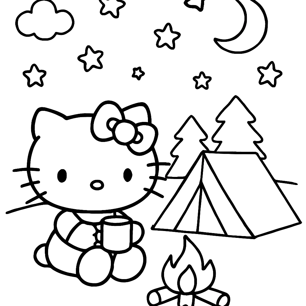 Hello Kitty camping under starry skies